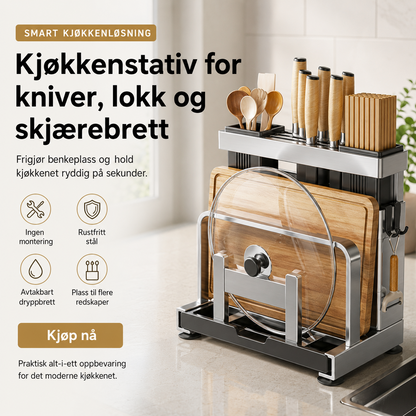 ✨ Multifunksjonelt Kjøkkenstativ – Smart Oppbevaring for Kniver, Lokk, Skjærebrett og Redskaper
