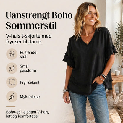 💖SISTE DAG AV SALGET – BARE kr 199,99!!💖Boho-T-skjorte for damer med V-hals og flossete kanter 🌿 – Løstsittende, pustende sommertopp i myk bomull👚