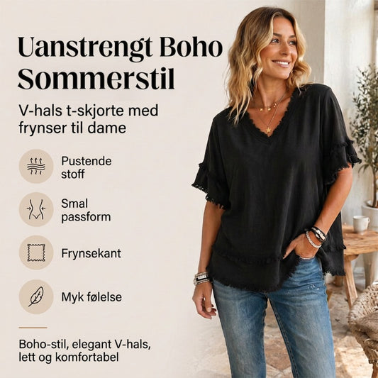 💖SISTE DAG AV SALGET – BARE kr 199,99!!💖Boho-T-skjorte for damer med V-hals og flossete kanter 🌿 – Løstsittende, pustende sommertopp i myk bomull👚