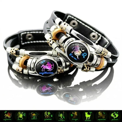 Selvlysende armbånd med 12 dyrekretsen-symboler i skinn for menn og kvinner (6,9/8,1 tommer)