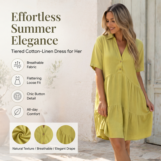 👗 50 % RABATT NÅ! 🌸Enfarget, behagelig kjole med knapper ved kragen