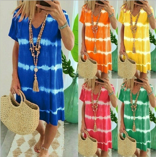 🔥🎁 Nyhet: 50 % RABATT 🔥🔥 Tie-dye-stripet, kortærmet, løs T-skjortekjole – Sommerens mest avslappede look ☀️