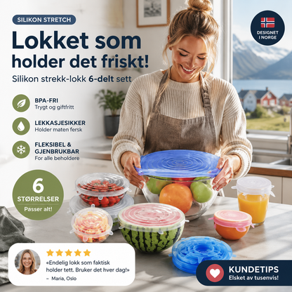 🎁🔥Siste dag i salget – 50 % rabatt🔥  Adpartner silikonlokk til matoppbevaring (6-pakning)