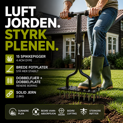 🌱 Plenlufter med 15 pigger – 4,4 cm, dobbel fjær og plate. Reduserer jordpakking – frodig plen! 🏡✨