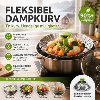 🥦 Sammenleggbar dampkurv i rustfritt stål – 13–28 cm, silikonføtter, beholder 90% næringsstoffer! 🍲✨