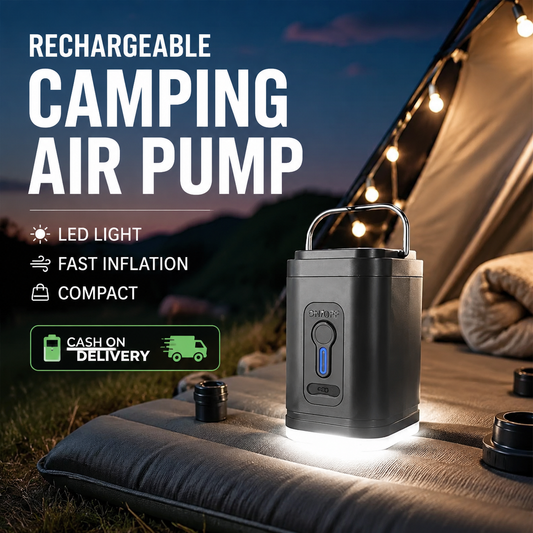 🏕️ Oppladbar luftpumpe til camping – LED-lys, rask oppblåsing, kompakt – Betaling ved levering 🔋