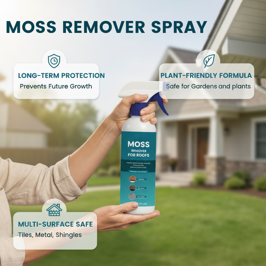Rengjøringsspray mot mose og alger på tak med flere overflater