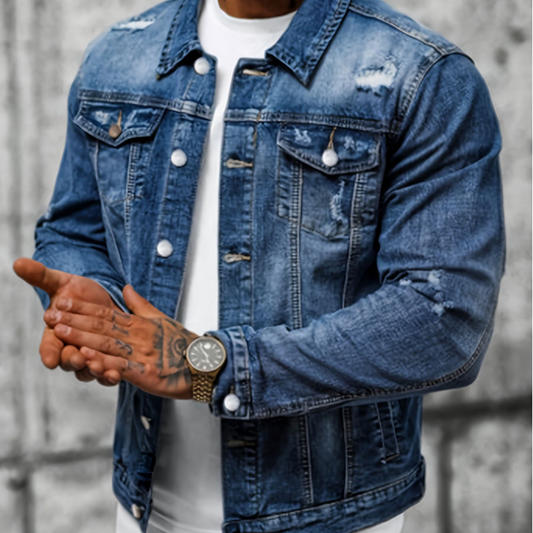 Herrejakke i denim med slitt look og vintagevask