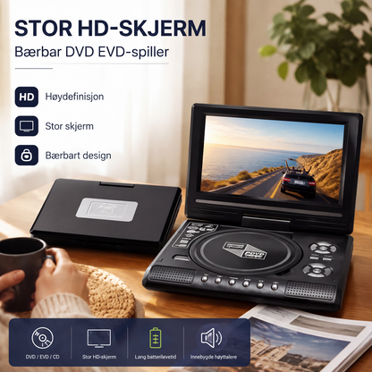 📺 7,8" HD bærbar DVD/EVD-spiller – stor skjerm, oppladbar og kompatibel med DVD/CD/USB/SD – perfekt for hjemme og reise 🔥 50 % rabatt