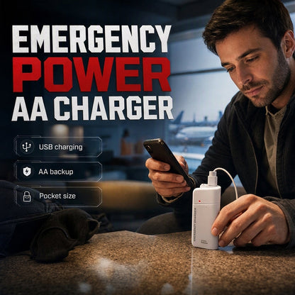 Bærbar nødlader for mobiltelefoner – powerbank drevet av AA-batterier med LED-lommelykt