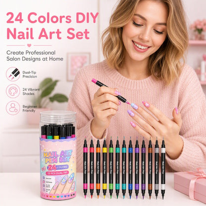 💅 50 % RABATT I BEGRENSET TID! 💥 Sett med 24 farger med neglelakkpenner med to spisser – Kreativt, i salongkvalitet, enkelt å bruke selv ✨
