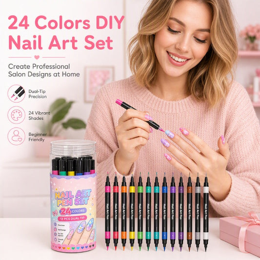 💅 50 % RABATT I BEGRENSET TID! 💥 Sett med 24 farger med neglelakkpenner med to spisser – Kreativt, i salongkvalitet, enkelt å bruke selv ✨