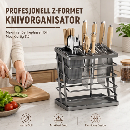 Knivstativ og bestikkorganisator i karbonstål til kjøkkenet