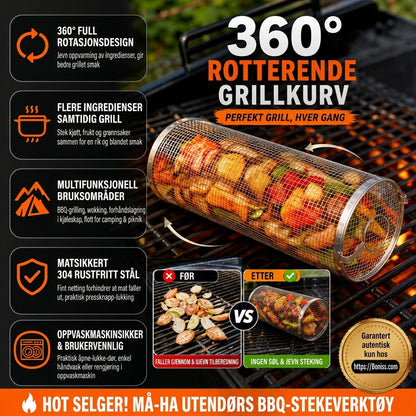 🔥🍖 Tidsbegrenset BBQ-tilbud – 360° rullende grillkurv | Non-stick roterende grillkurv for kjøtt, grønnsaker og mer