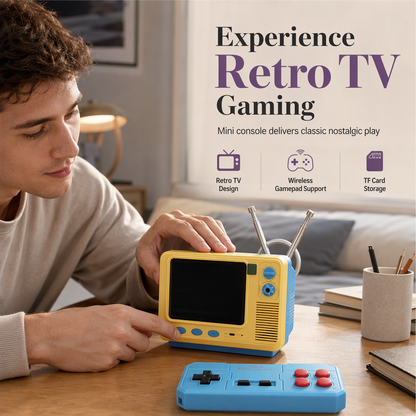 Klassisk retro mini-TV med bokhylle og håndholdt spillkonsoll GV300S – ny versjon med TF-kort – nostalgisk trådløs spillkonsoll