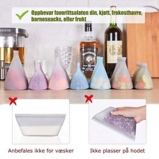 Gjenbrukbare zip-poser i silikon (sett med 8 stk)