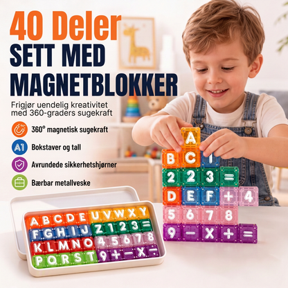 360° magnetiske byggesteiner, 40 pedagogiske kuber med bokstaver og tall, opplæringsleke for barn